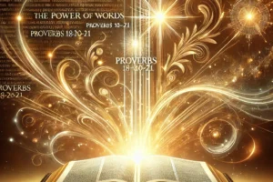 A visually striking featured image illustrating the theme 'The Power of Words' with a Bible verse focus. The image should feature an open Bible