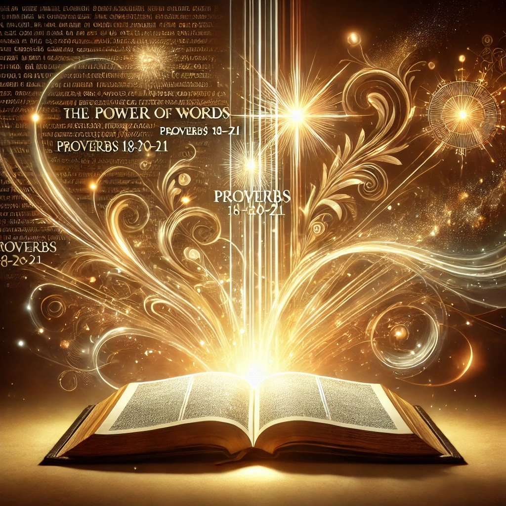 A visually striking featured image illustrating the theme 'The Power of Words' with a Bible verse focus. The image should feature an open Bible