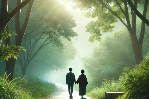 A serene image of two people walking together on a quiet path surrounded by lush green nature, symbolizing unity, harmony, and peace.