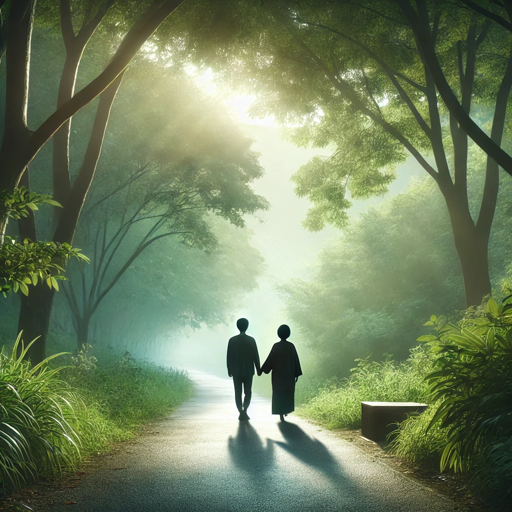 A serene image of two people walking together on a quiet path surrounded by lush green nature, symbolizing unity, harmony, and peace.