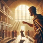 An image depicting an ancient Roman prison setting with soft sunlight streaming through a barred window. In the foreground, a determined figure is sea