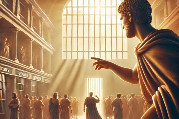 An image depicting an ancient Roman prison setting with soft sunlight streaming through a barred window. In the foreground, a determined figure is sea