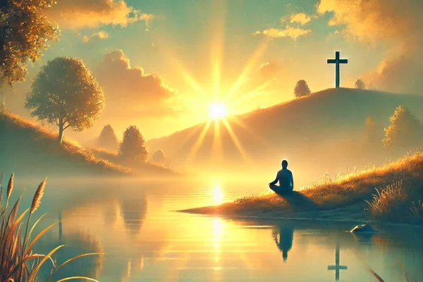 A serene and uplifting featured image for an article titled 'Finding Rest in God_ Overcoming Life’s Hardships Through Faith.' The image shows a peace