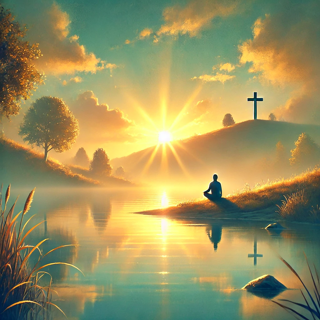 A serene and uplifting featured image for an article titled 'Finding Rest in God_ Overcoming Life’s Hardships Through Faith.' The image shows a peace