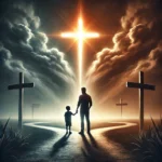 A powerful and symbolic image of a father and child standing at a crossroads, with one path leading to light and another to darkness. The image repres