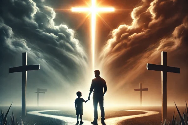 A powerful and symbolic image of a father and child standing at a crossroads, with one path leading to light and another to darkness. The image repres