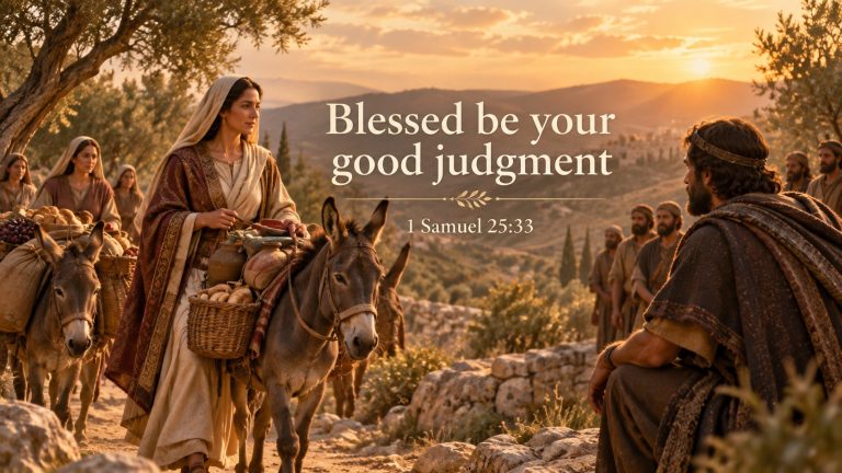 Abigail bringing provisions to David with the verse Blessed be your good judgment from 1 Samuel 25:33