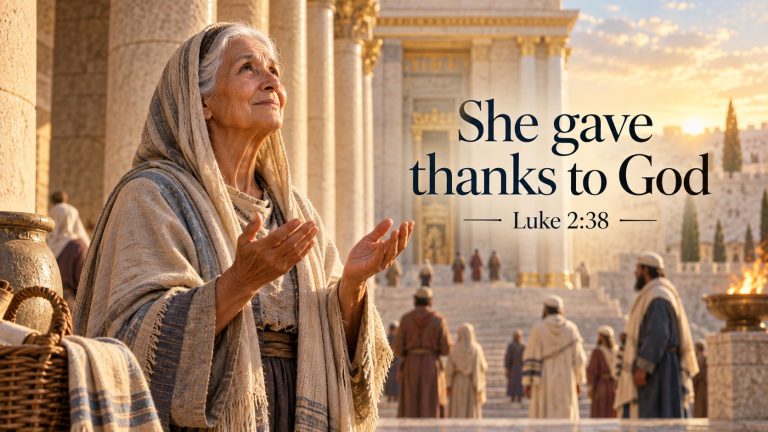 Anna the Prophetess giving thanks to God in the temple with the verse She gave thanks to God from Luke 2:38