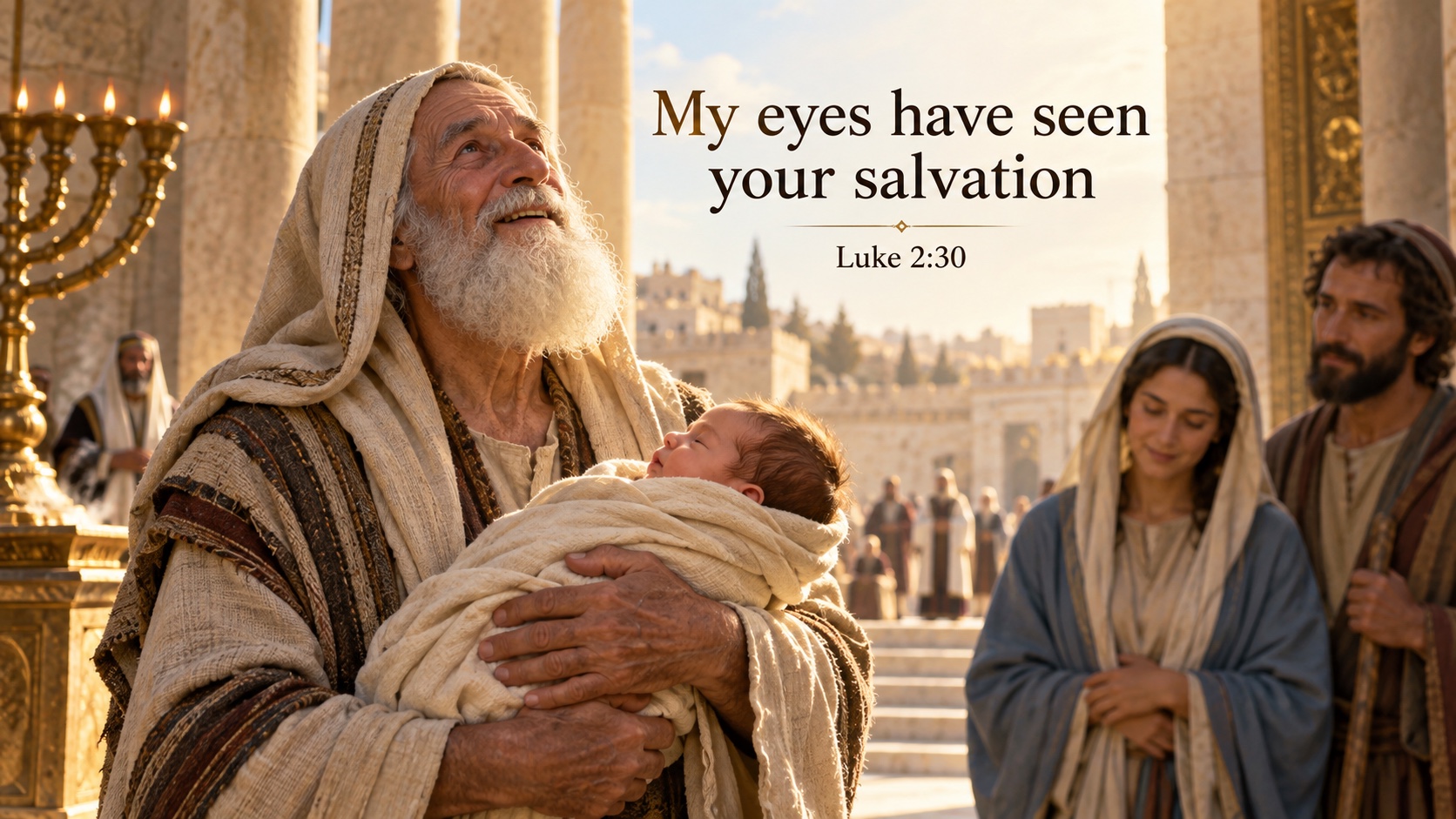 Simeon holding baby Jesus in the temple with the verse My eyes have seen your salvation from Luke 2:30